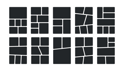 Comic book panels set. Manga collage blank template. Storyboard layout panel. Empty page frame for photo collage. Comic book board mockup. Vector illustration isolated on white background.