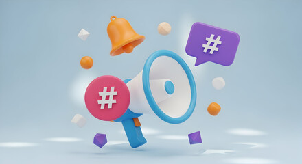 Modern Social Media Marketing: 3D Rendered Megaphone with Notification Bell and Hashtag Icons for Engaging Campaigns