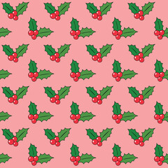 Holly berry seamless pattern on a pink background