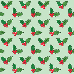 Holly berry seamless pattern on a mint background