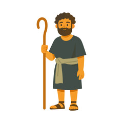 Cartoon Biblical Shepherd with Crook Staff, Religious Illustration Art