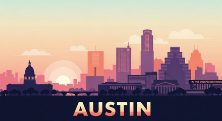 Vibrant Austin skyline at sunset, a modern cityscape illustration capturing the energy of Texas's capital city