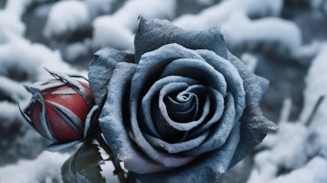 Frozen rose with frost and snow, a beautiful winter flower in nature