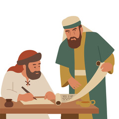 Biblical Scribe Writing Scroll with Teacher, Ancient Religious Illustration Art
