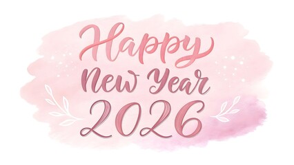 Soft Pastel Pink 'Happy New Year 2026' Calligraphy – Watercolor Flowing Script