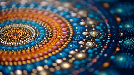 Concentric circles of colorful raised dots form an intricate abstract pattern with shallow depth of field