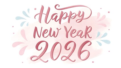 Obraz premium Soft Pastel Pink 'Happy New Year 2026' Calligraphy – Watercolor Flowing Script