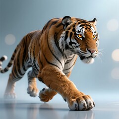 Obraz premium Powerful tiger in motion, intense gaze, digital art, studio background, ready to pounce, 3d render, wildlife illustration