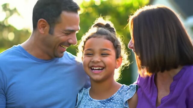 A heartwarming tight close-up video of a diverse family of three laughing, bathed in golden hour light with bokeh. Genuine family happiness concept