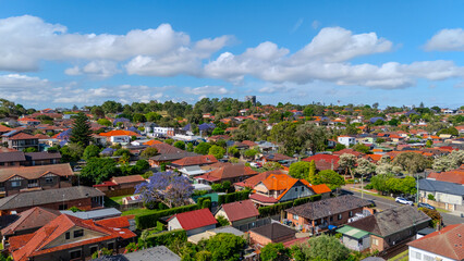 Panorama aerial drone view of western Sydney Suburbs of Canterbury Burwood Ashfield Marrickville...