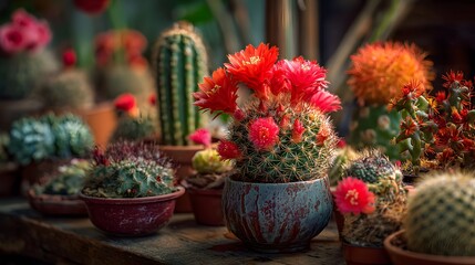 Collection of various potted cacti displaying vibrant blooms rests upon a wooden surface