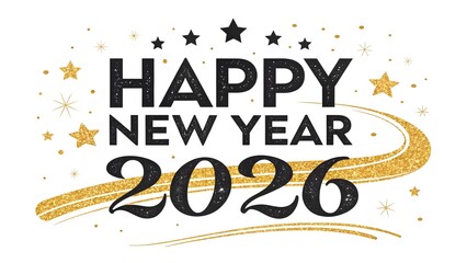 Elegant Black and Gold 'Happy New Year 2026' Calligraphy – Sparkling Glitter Luxe Design