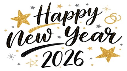 Elegant Black and Gold 'Happy New Year 2026' Calligraphy – Sparkling Glitter Luxe Design