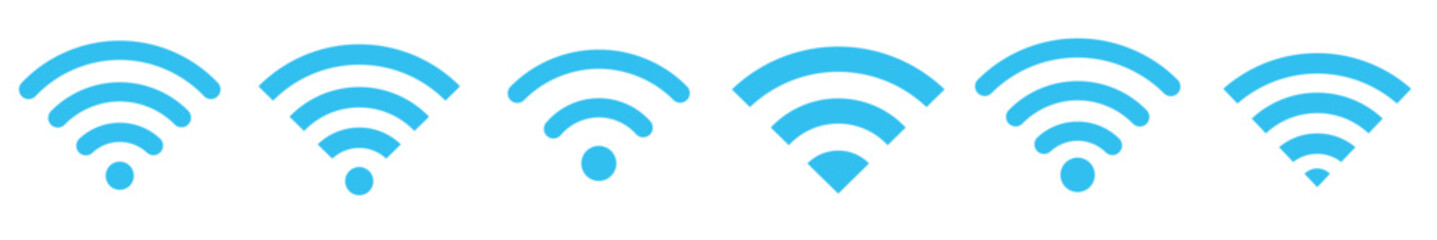 Illustration of a blue wifi signal icon with curved lines and circles on a transparent background. Vector illustration.