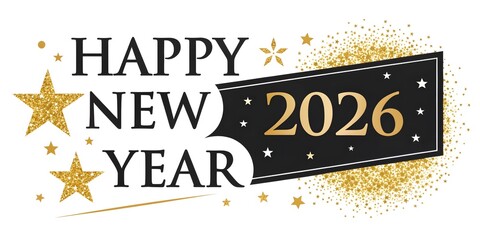 Elegant Black and Gold 'Happy New Year 2026' Calligraphy – Sparkling Glitter Luxe Design