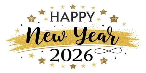 Elegant Black and Gold 'Happy New Year 2026' Calligraphy – Sparkling Glitter Luxe Design