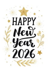 Elegant Black and Gold 'Happy New Year 2026' Calligraphy – Sparkling Glitter Luxe Design