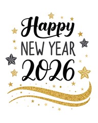 Elegant Black and Gold 'Happy New Year 2026' Calligraphy – Sparkling Glitter Luxe Design