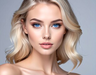 A headshot of a fair-skinned woman with blonde wavy hair and piercing blue eyes