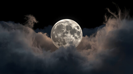 The full moon shines brightly through a bed of dark, wispy clouds.