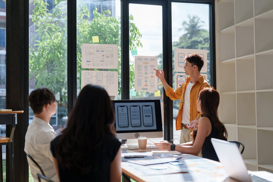 Ux designer team collaborating on app interface wireframes