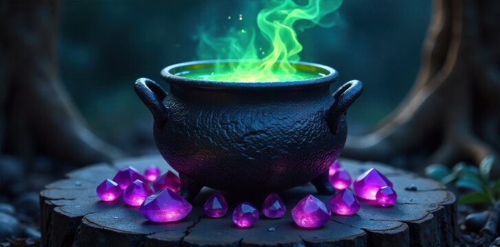 Mystical Cauldron Bubbling with Ethereal Glow, surrounded by Ancient Herbs and Crystal A vintage iron cauldron filled with a swirling, bioluminescent potion, emitting soft green and purple light.