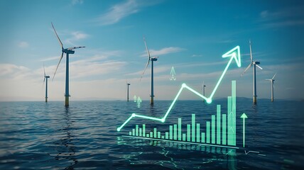 Offshore wind farm with glowing financial growth chart and upward arrow symbolizing renewable energy investment and economic progress