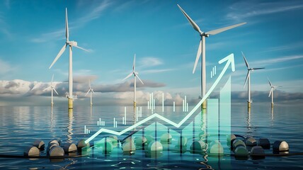 Renewable energy growth concept with offshore wind turbines and a rising financial stock market graph over water