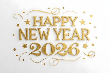 Luxurious Gold Foil 'Happy New Year 2026' Calligraphy – Shiny Metallic Gloss Effect
