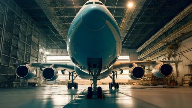 Front view of a large passenger airplane inside a maintenance hangar