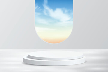 3D vector podium mockup with bright sky and clouds background. Perfect for product presentation, cosmetic branding or showcase scenes. Clean, modern, and realistic lighting for elegant visuals.