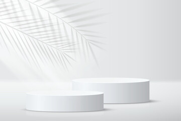 Abstract 3D shape podium with soft tropical leaf shadows and gentle light reflections. Display pedestal mockup minimal scene empty stage for presentation product cosmetic, stand, showcase, exhibition