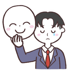 笑顔の仮面を持って泣いている男の子のイラスト