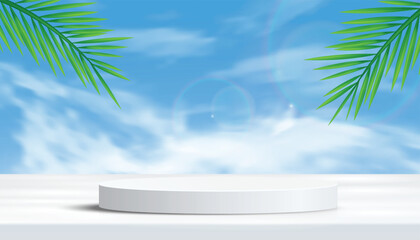 3D vector podium mockup with palm leaf, bright sky and clouds background. Perfect for product presentation, cosmetic branding or showcase scenes. Clean, modern, and realistic lighting 