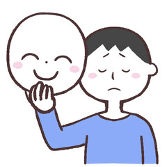 笑顔の仮面を持って悲しい顔をしている男性のイラスト