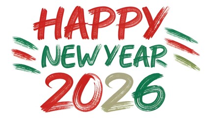 Vibrant Red and Green 'Happy New Year 2026' Brush Stroke Calligraphy – Bold Festive Design