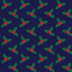 Holly berry seamless pattern on a navy background