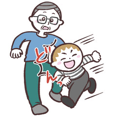 シニア男性にぶつかる走る子供のイラスト