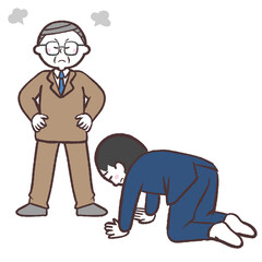 スーツ姿で怒る男性と土下座する男性のイラスト