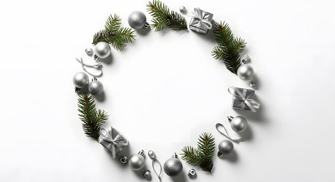 Oval christmas wreath with silver ornaments and green fir branches on white background