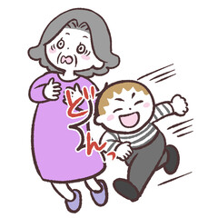 シニア女性にぶつかる走る子供のイラスト
