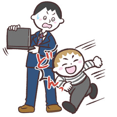 男性にぶつかる走る子供のイラスト