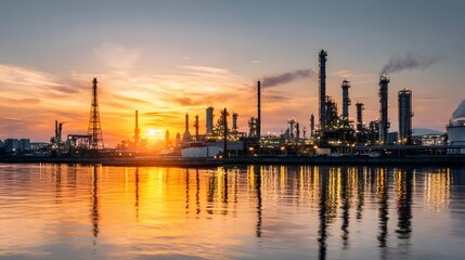 Fototapeta premium Industrial complex silhouette reflects vividly upon calm water during a brilliant sunset