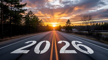 Sunrise over a long open road with the year 2026 painted on the asphalt symbolizing new beginnings and future journeys ahead