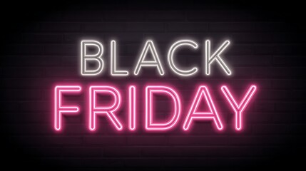 Obraz premium Vibrant neon sign glowing black friday in white and pink against a dark brick wall background for holiday sales and promotions