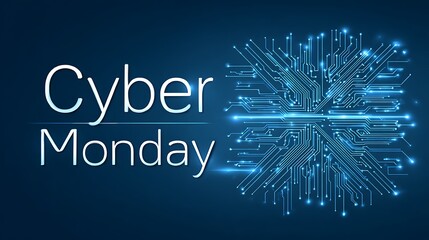 Cyber monday glowing digital circuit board pattern with bright blue light trails on a dark blue background representing online shopping and technology