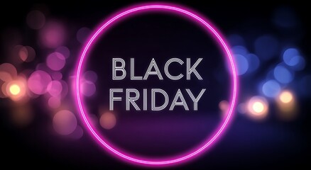 Bright neon pink oval frame with black friday text glowing against a dark bokeh background