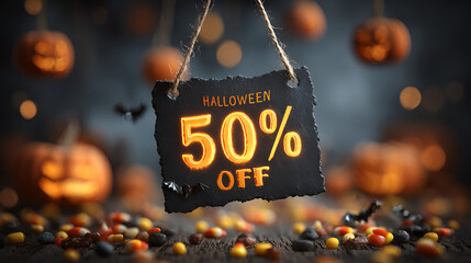 Halloween Sale 50% Off Banner, Spooky Discount Sign, Jack-o'-Lantern Candy Promotion
