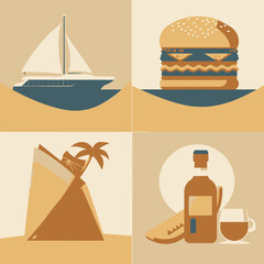 Summer Vacation Essentials: Flat Design Illustration of Tropical Beach, Sailboat, Delicious Burger, and Refreshing Drink