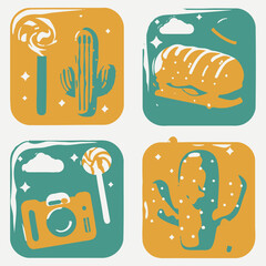 Collection of stylized vector icons: lollipop, desert cactus, camera, and sandwich. Cute graphic elements for web, app, or UI design.